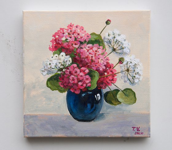 Geranium. Painting. Floral still life. 8 x 8in.