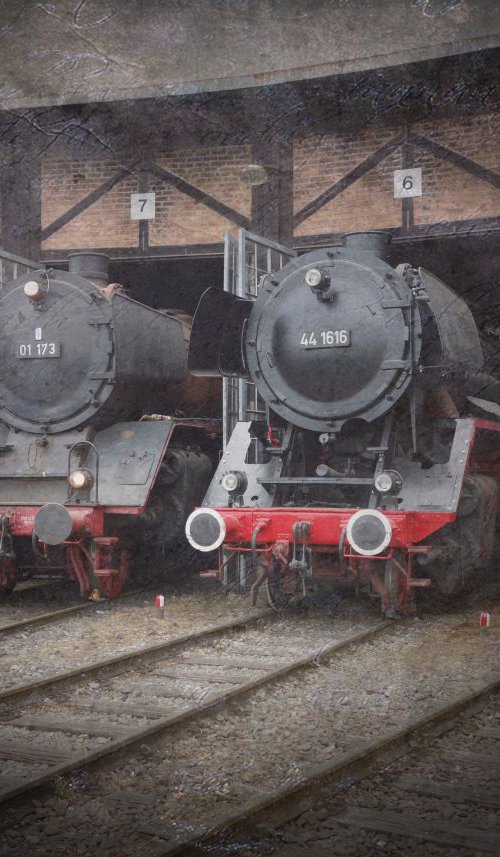 Old steam trains in the depot 12 - print on canvas 60x80x4cm by Kuebler