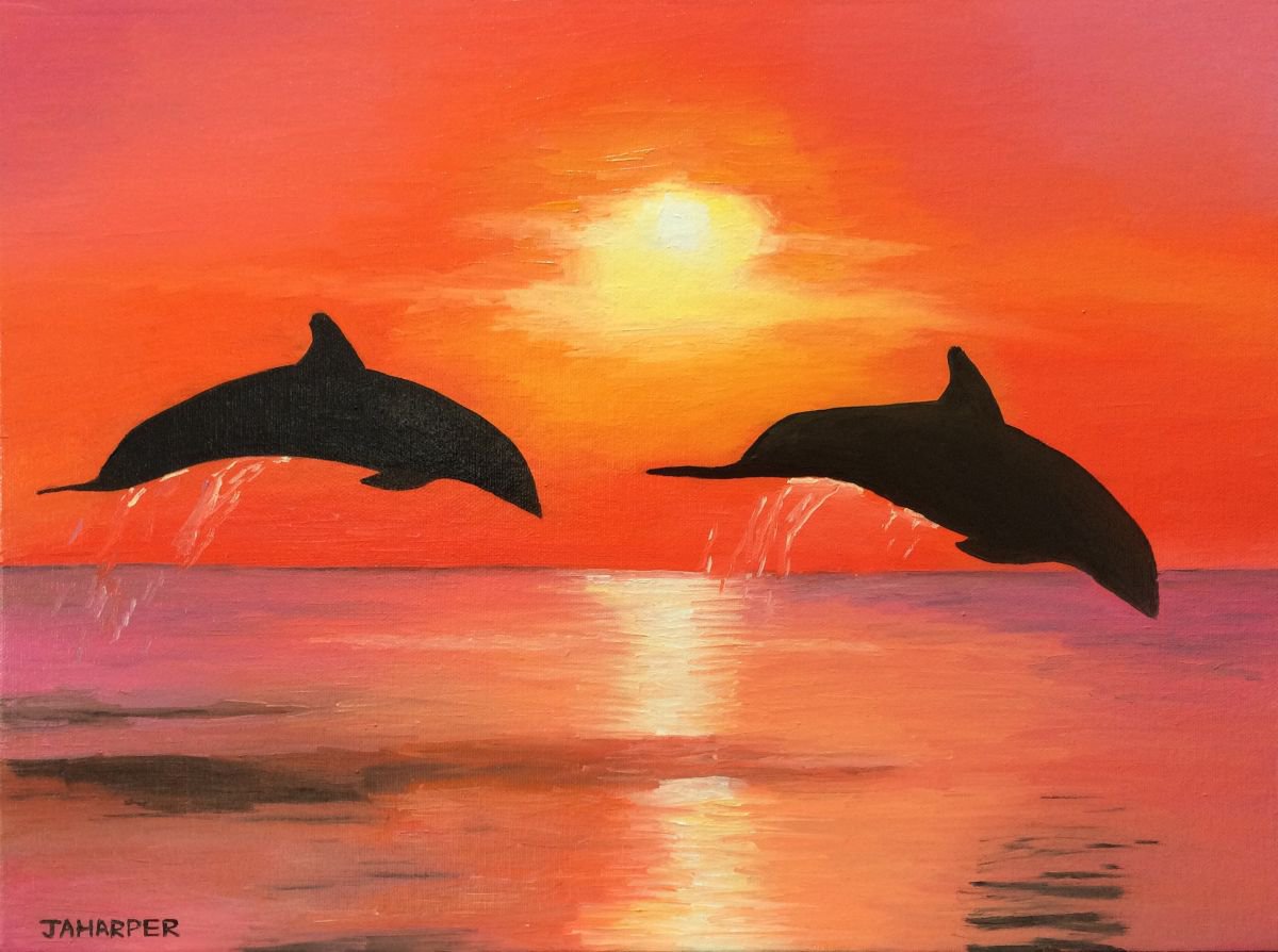 Sunset Dolphins (2015) Oil painting by Jill Ann Harper.