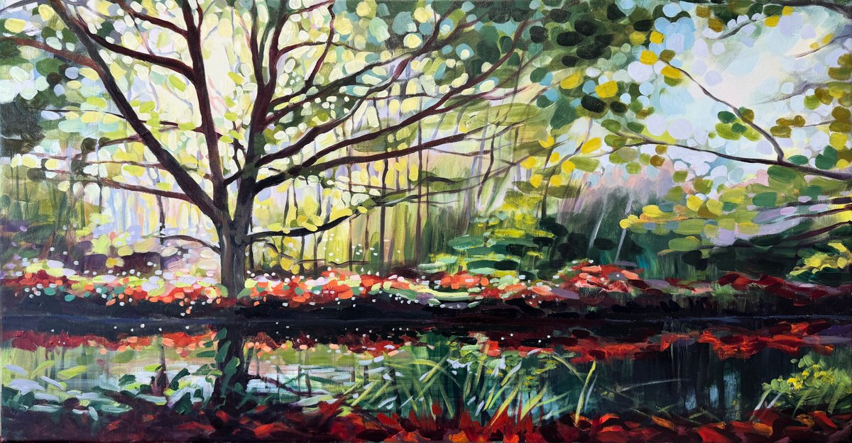 Impressionistic Landscape Acrylic Painting By Hannah Bruce, 38 X 20, Autumn Canal, Original Artwork