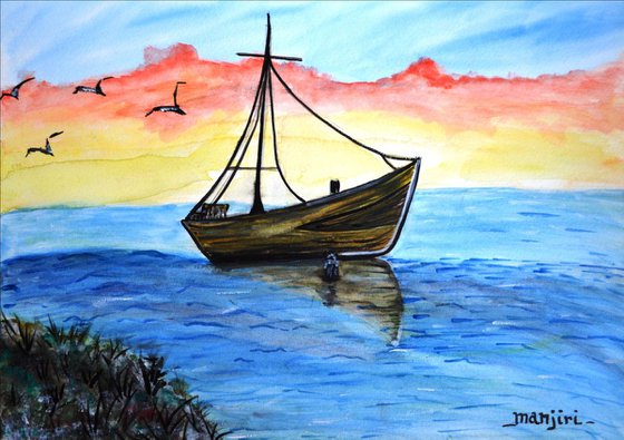 Adrift a boat painting
