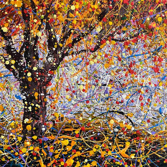 Large tree abstract painting Be like a tree Sun Autumn modern art Yellow orange three abstraction