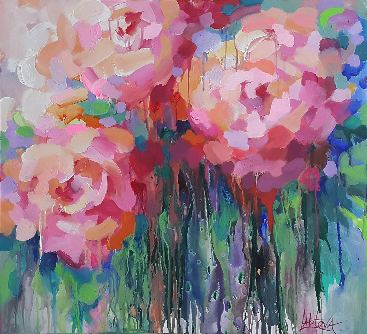 Organic Abstract Acrylic Painting By Viktoria Lapteva, 37 X 33", Extravaganza Of Feelings, Original Artwork