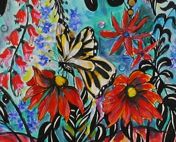 Flowers, Hummingbird and Butterfly