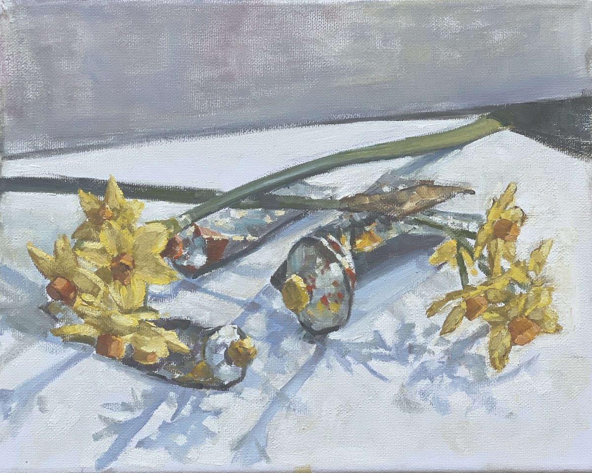 Impressionistic Still Life Oil Painting By Louise Gillard, 12 X 9", Daffodils And Paint Tubes, Original Artwork