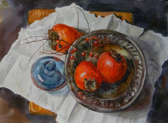Persimmons in the old fruit bowl
