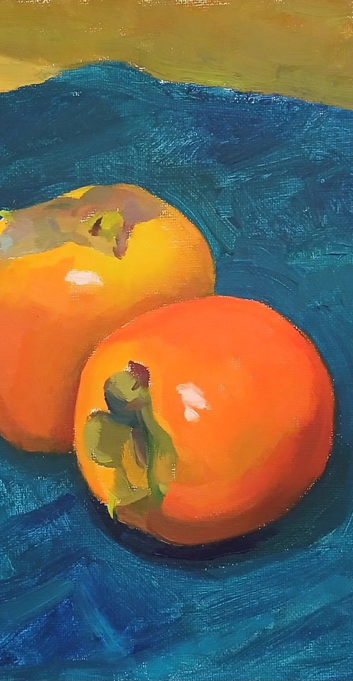 Two Persimmons on Blue Cloth by Vasyl Koval