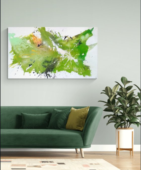 Longing for spring, green and orangeyellow canvasartwork