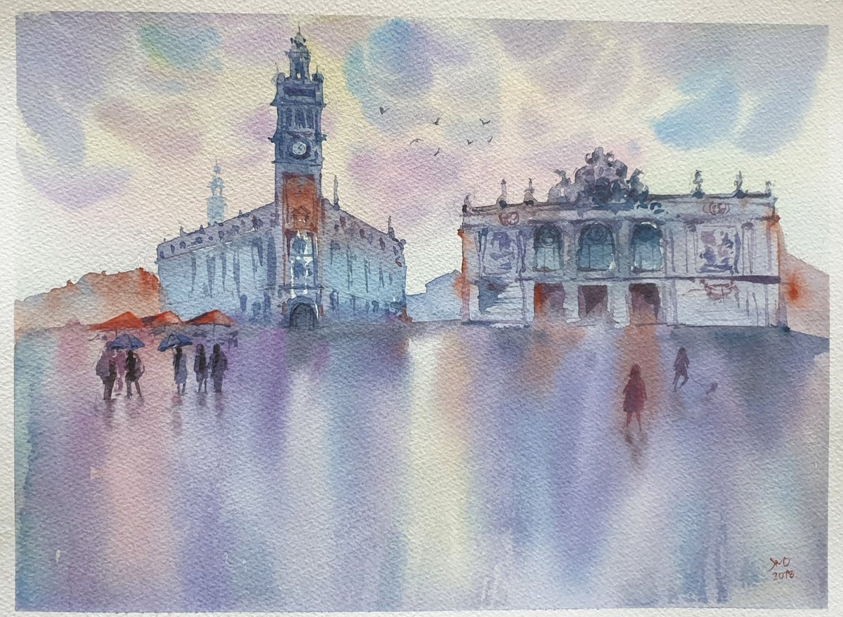 Impressionistic Cityscapes Drawing By Ksenia June, 12 X 9", Rainy Afternoon In Lille, Original Artwork