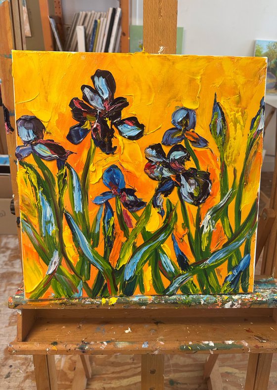 Irises on a yellow background