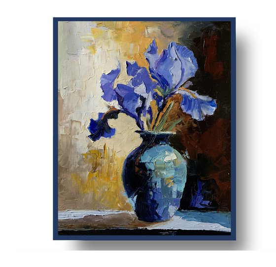 Blue Purple irises in a vase.