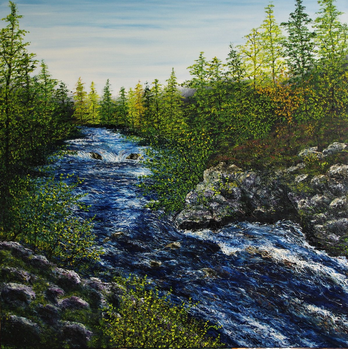 Impressionistic Landscape Oil Painting By Hazel Thomson, 39 X 39, The Falls Of Shin, Original Artwork