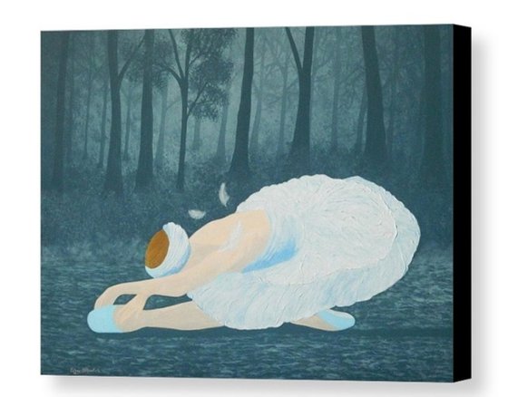 Swan Lake - ballerina position painting on frozen lake in forest; home, office decor; gift idea