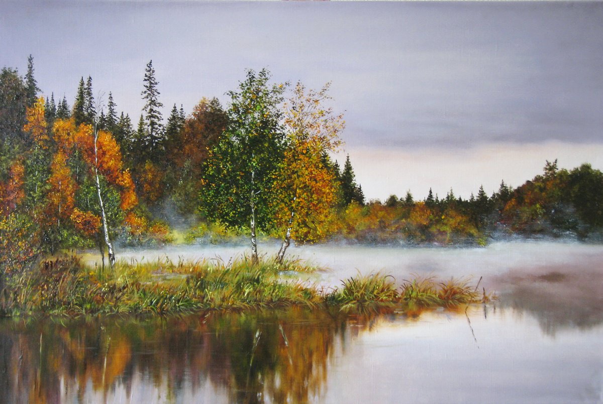 Photorealistic Oil Painting , Autumn Mist By The Lake By Natalia Shaykina, 24 X 16, Artwork For Sale On Artfinder