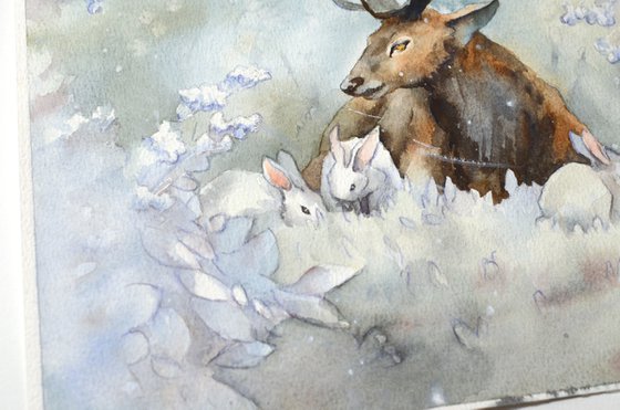 Deer and rabbits, Snow company in Christmas forest