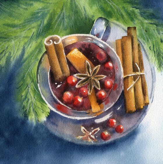 Fragrant mulled wine. Christmas still life. Original watercolor artwork.