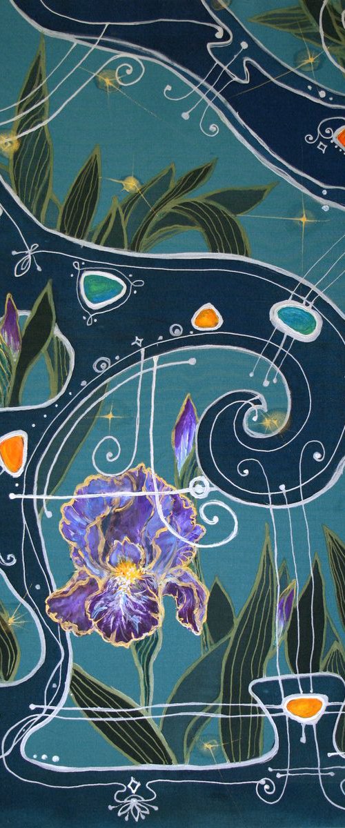 Decorative Silk Painting with a Blue Iris and Elven Fence by Bistra Sirin