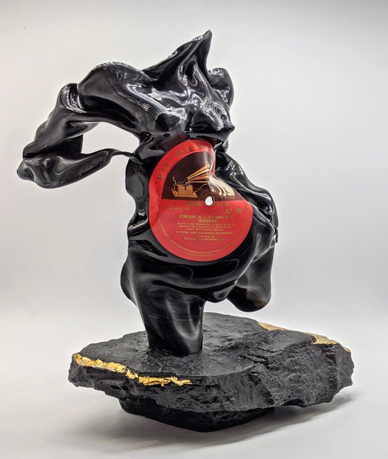 Female Figurative Sculpture, Vinyl Classical Music Record on Black Stone Gold Leaf Beethoven