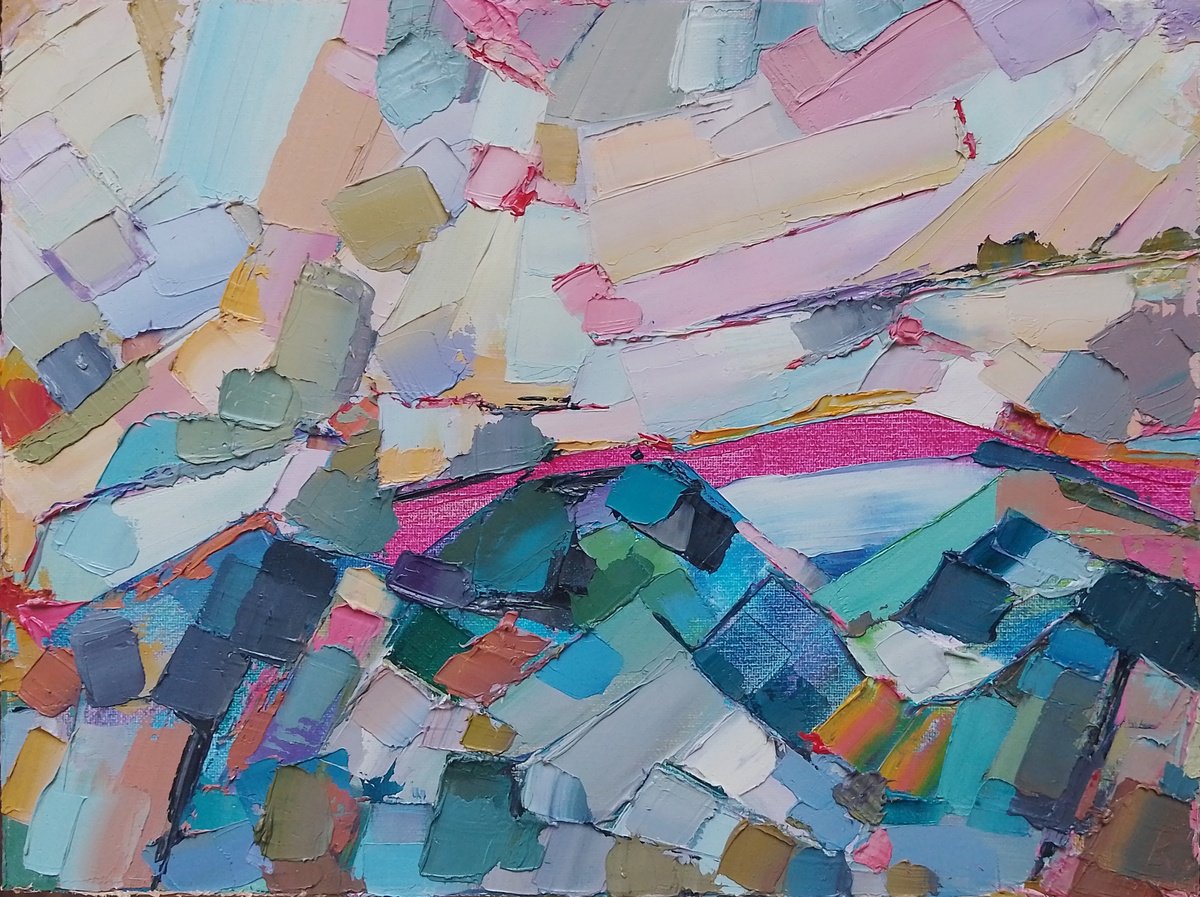 Abstract Landscape Oil Painting By Valentyna Sokolovska, 16 X 12", Love In The Mountains, Original Artwork