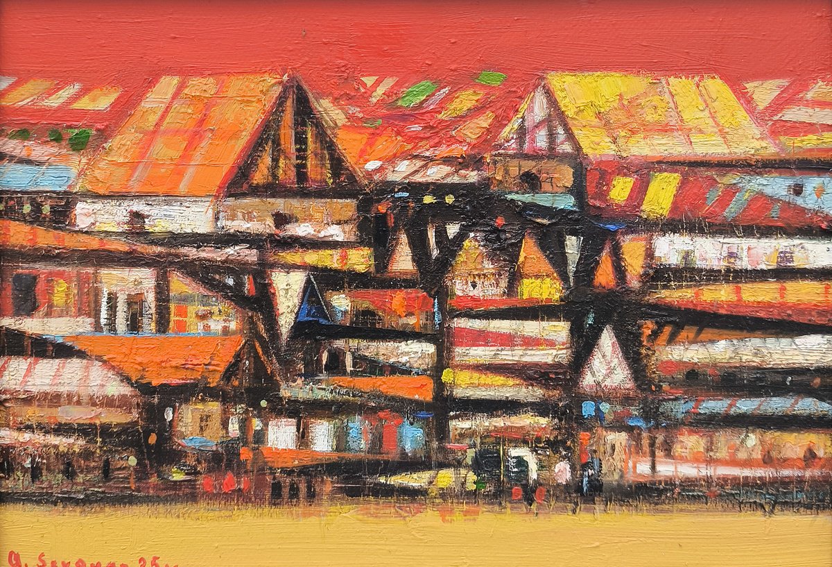 Abstract Cityscapes Oil Painting By Aram Sevoyan, 10 X 7, Mosaic Of Houses, Original Artwork