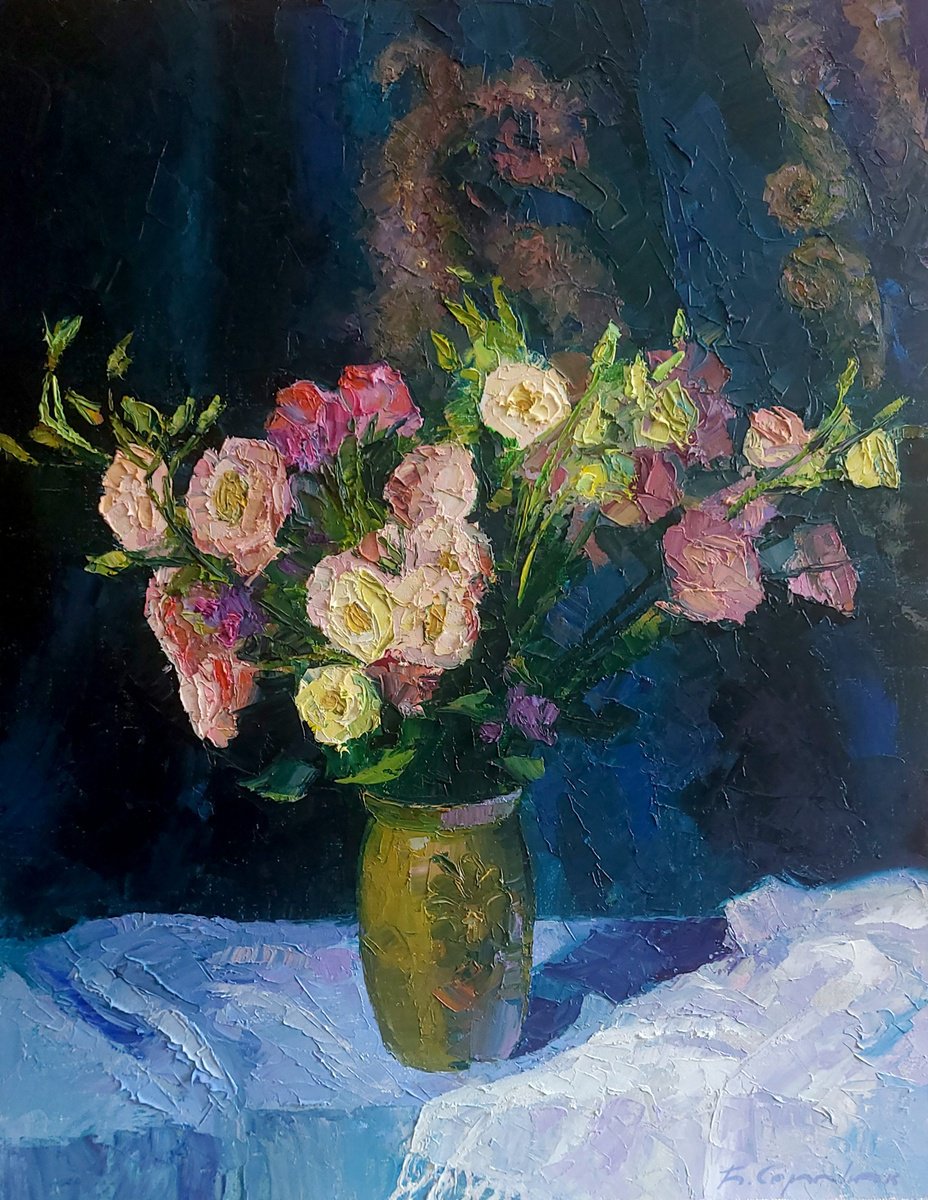 Impressionistic Still Life Oil Painting By Boris Serdyuk, 22 X 28, Eustoma, Original Artwork