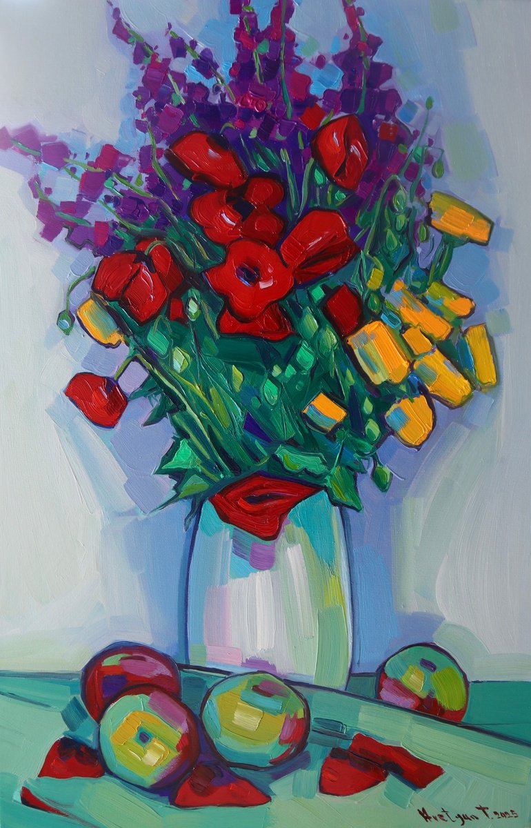 Expressive Botanical Oil Painting By Tigran Avetyan, 18 X 28", Field Flowers, Original Artwork