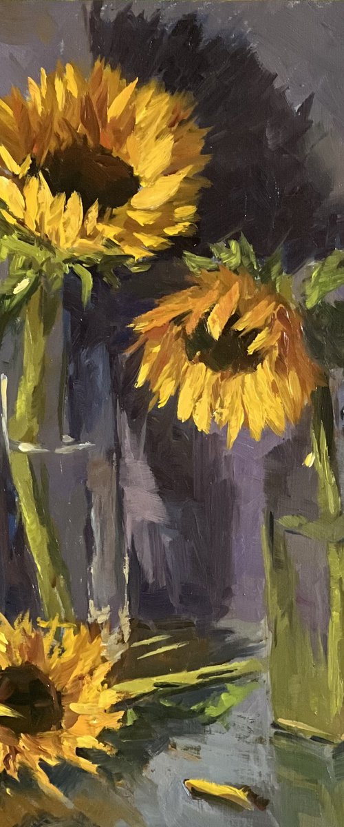 Three Sunflowers on purple by Nithya Swaminathan