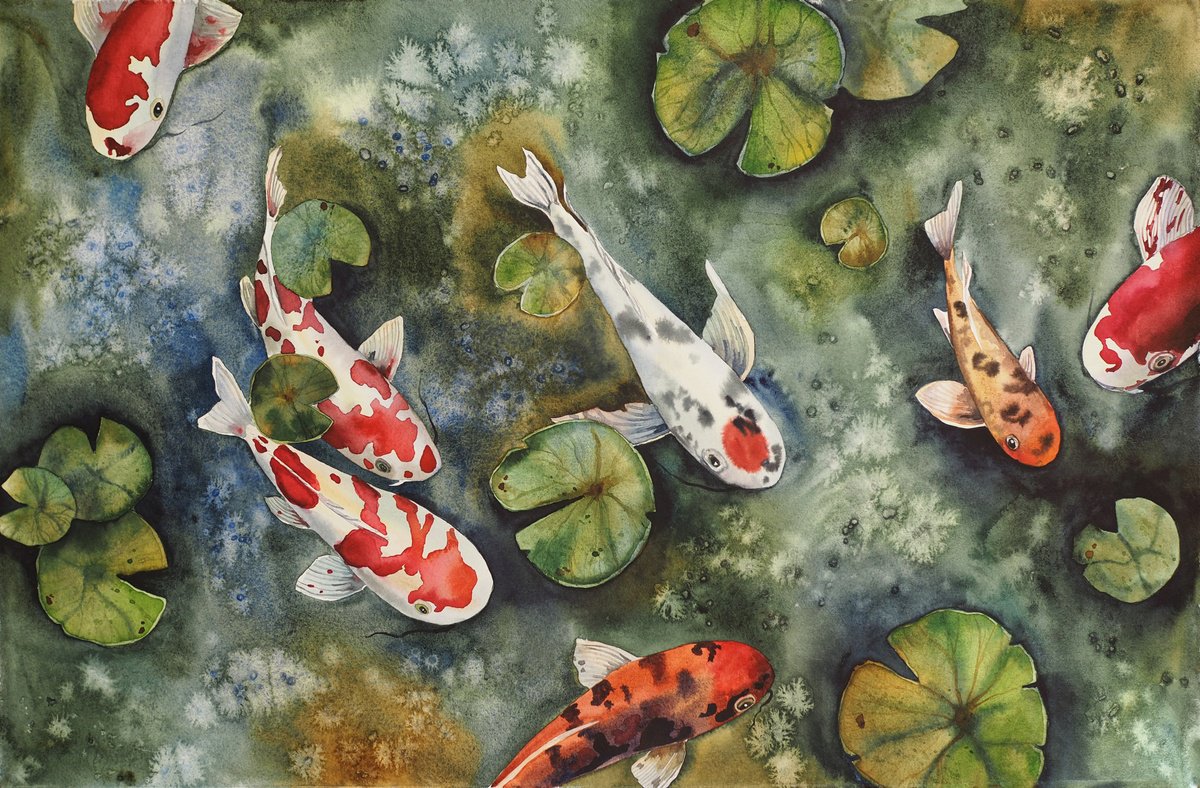 Koi fish and water lilies leaves - original watercolo painting by Delnara El
