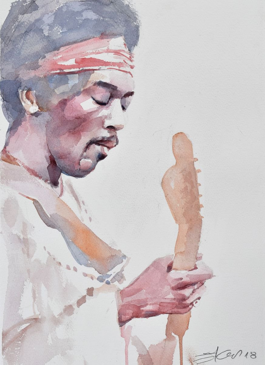 Goran Žigolić Watercolors | Original  Watercolour | "Jimi" At Woodstock | 28 X 38Cm | Artwork For Sale On Artfinder