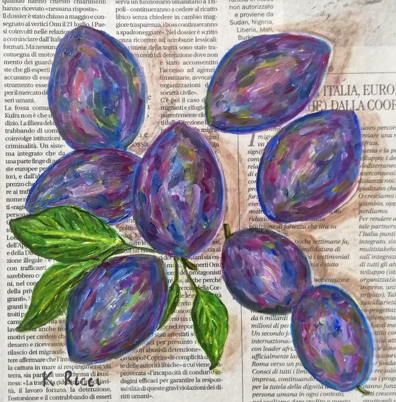"Plums on Newspaper" Original Oil on Wooden Board Painting 8 by 8"(20x20cm)