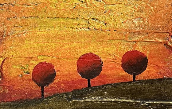 Red Tree Hill in acrylic and mixed medium abstract landscape