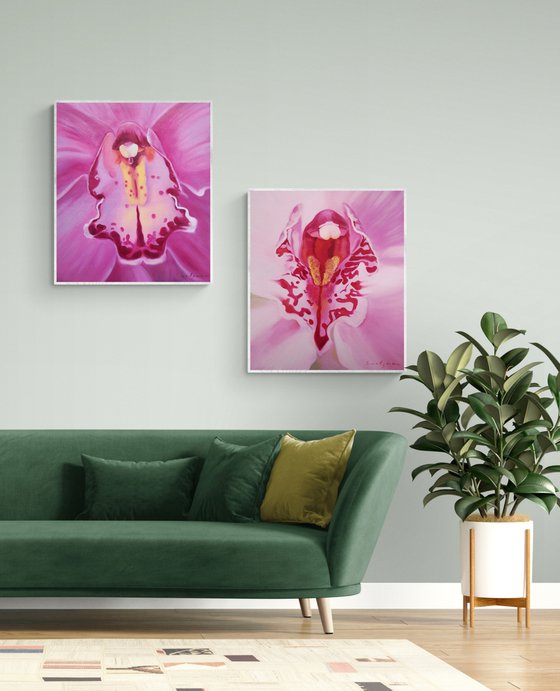 Dyptich of two Orchids -  flowers of femininity and passion