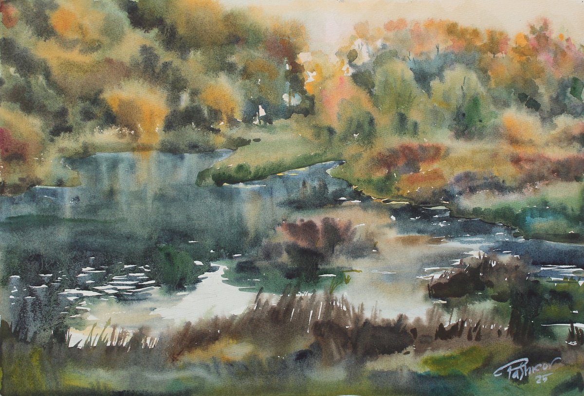 Impressionistic Landscape Watercolour By Yurii Pashkov, 22 X 15", River, Original Artwork