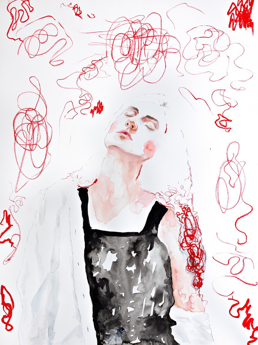 Expressive Portrait Watercolour By Anastasia Bas, 22 X 30, Drifting In Time, Original Artwork