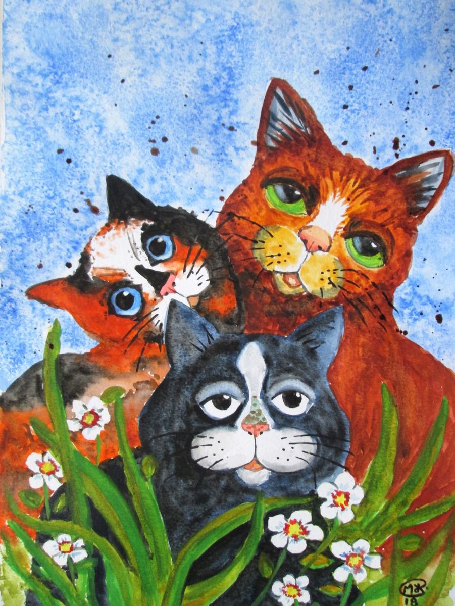 Expressive Watercolour , Cat Trio By Marjansart, 8 X 12, Artwork For Sale On Artfinder