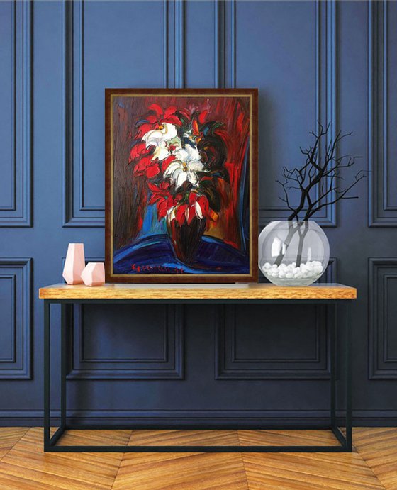 BOUQUET - still life with flowers,  red black blue, floral art,  original oil painting, winter flowers,  impressionism art office interior home decore, small size gift 70x55