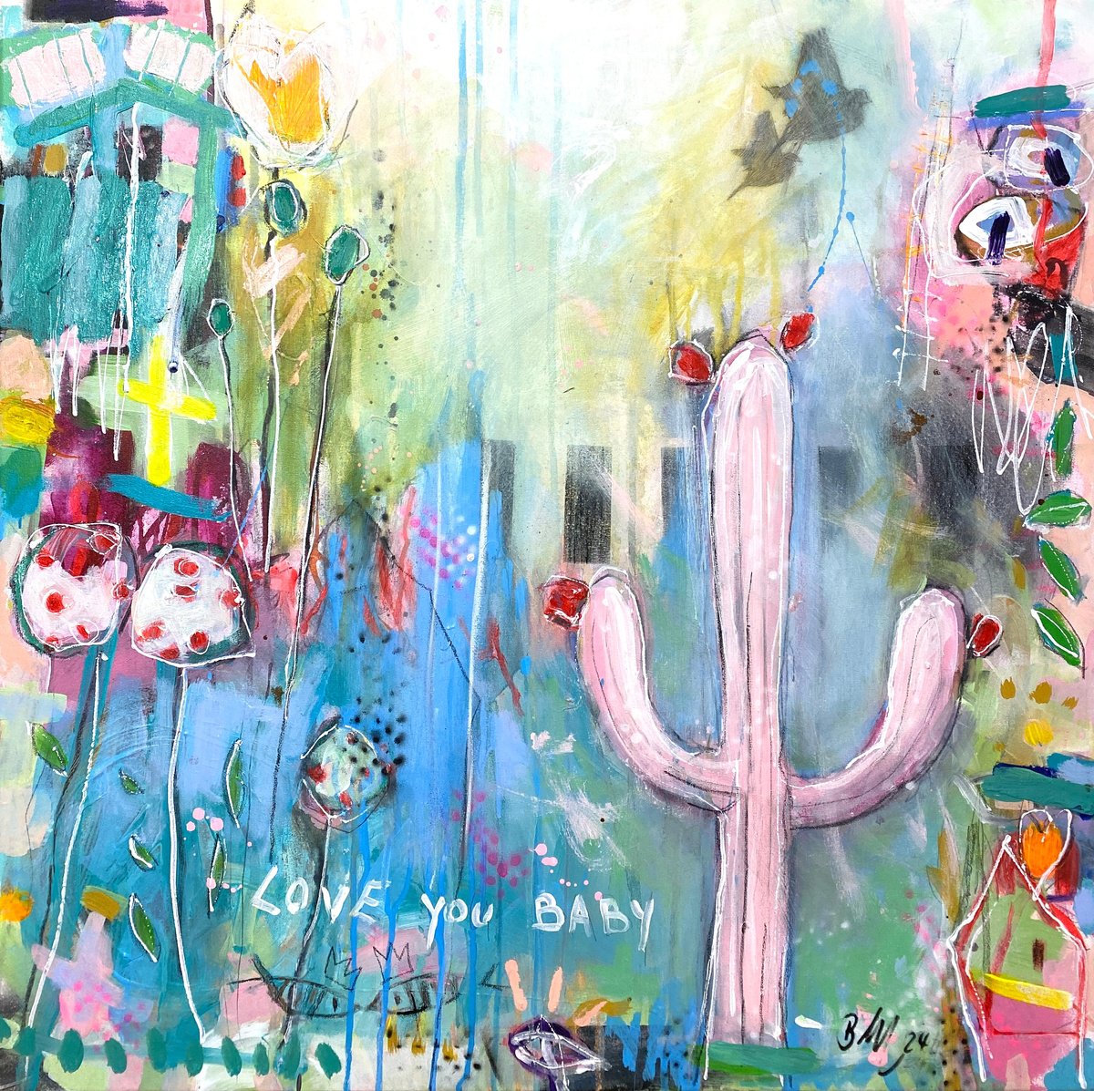 Organic Abstract Acrylic Painting By Bea Schubert, 31 X 31, Love You, Baby No.2, Original Artwork