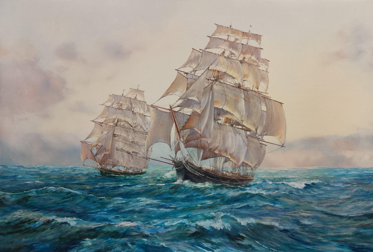 Photorealistic Landscape Oil Painting By Peter Goodhall, 42 X 30", The Cutty Sark And Thermopylae Racing, 1872, Original Artwork