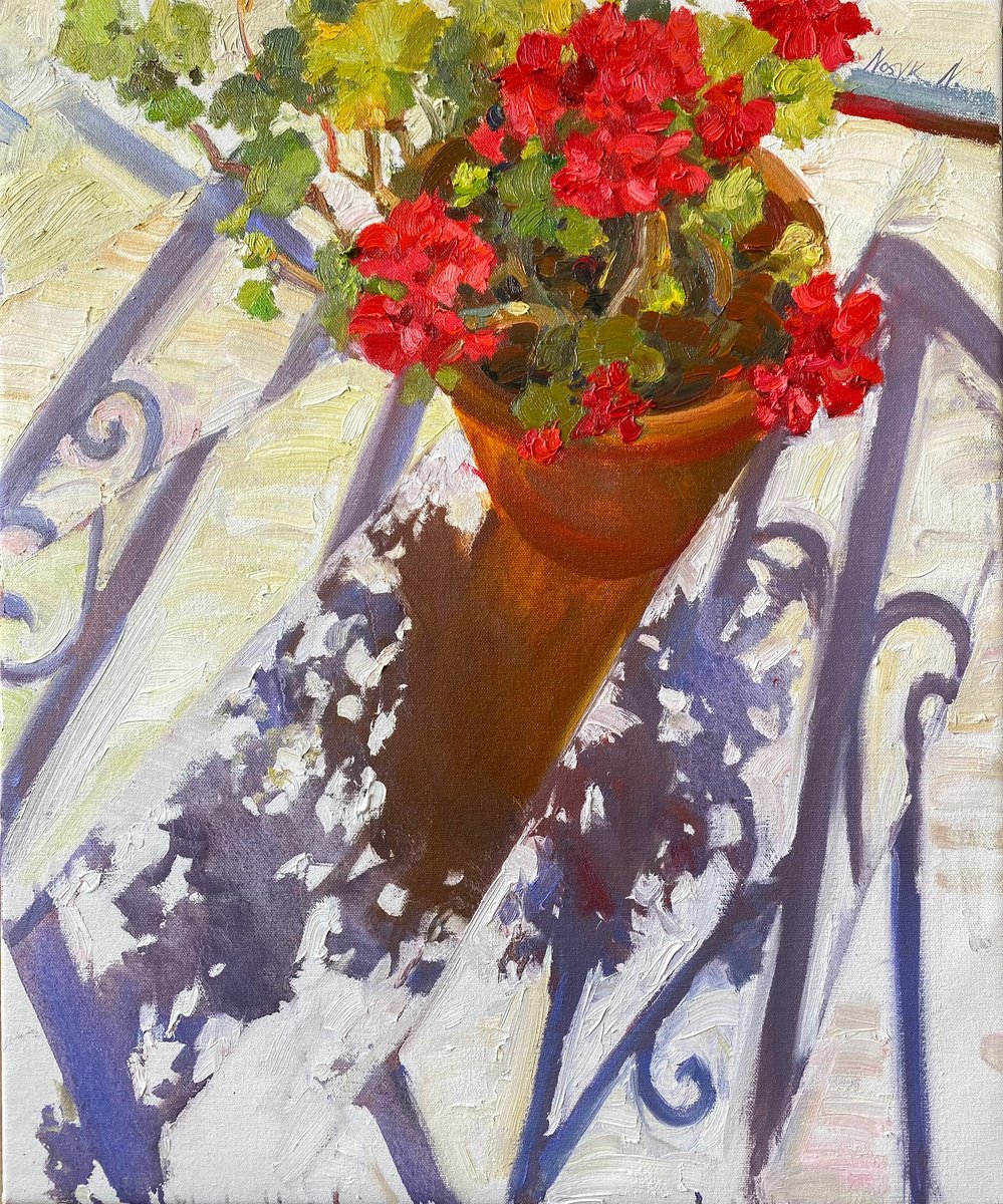 Impressionistic Botanical Oil Painting By Nataliia Nosyk, 20 X 24", Red Geranium And Shadows, Original Artwork
