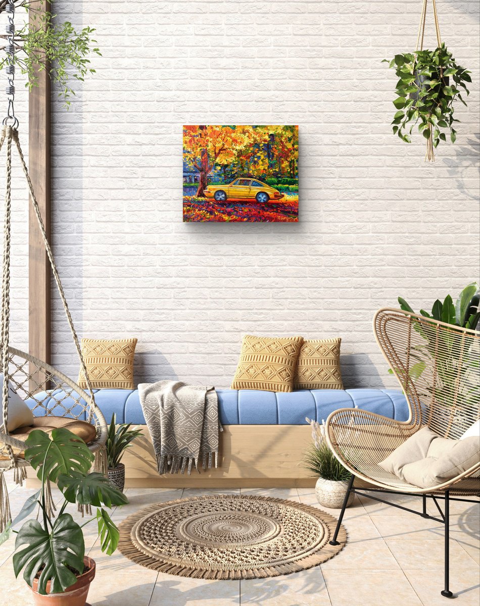 Impressionistic Cityscapes Oil Painting By Vanya Georgieva, 24 X 20", One Porsche In The Fall Forest, Original Artwork