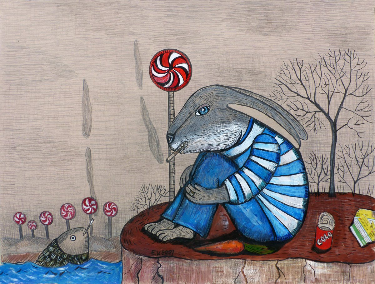 Naive Animal Painting By Elizabeth Vlasova, 24 X 18, Wonderful Weekend, Original Artwork