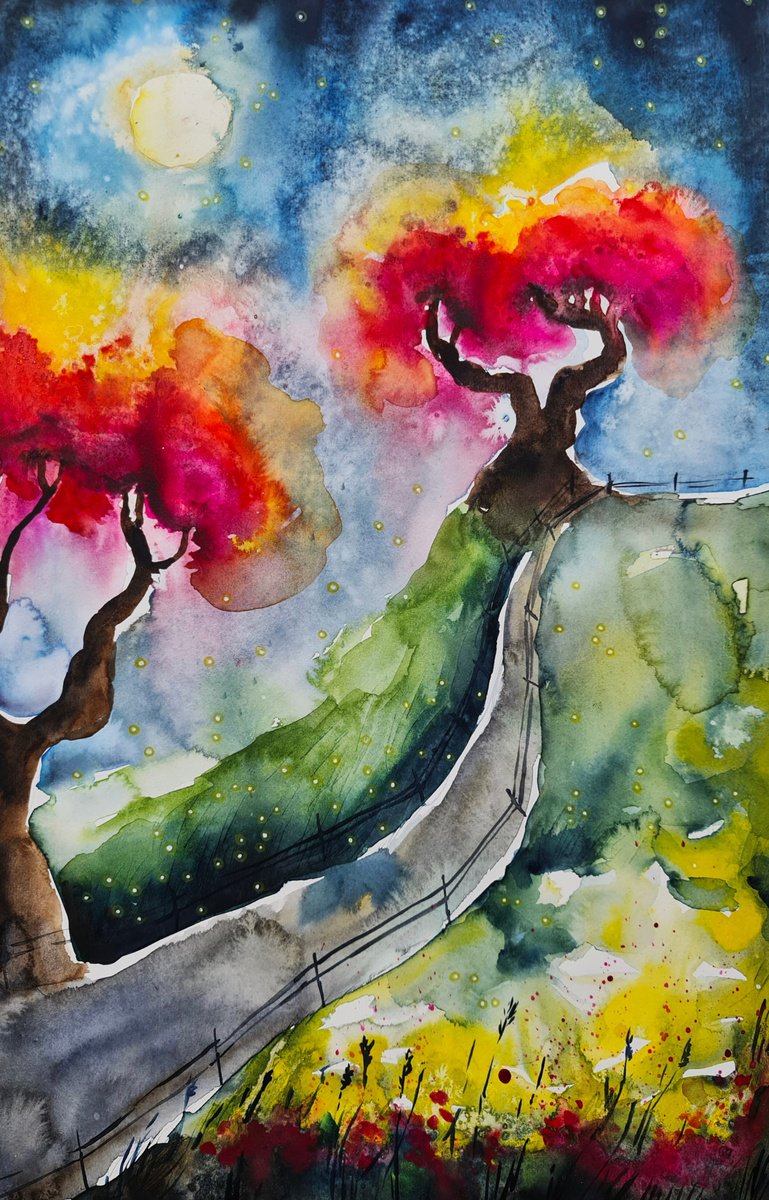 Surrealistic Landscape Watercolour By Evgenia Smirnova, 15 X 22, Whispering Trees Of The Night, Original Artwork