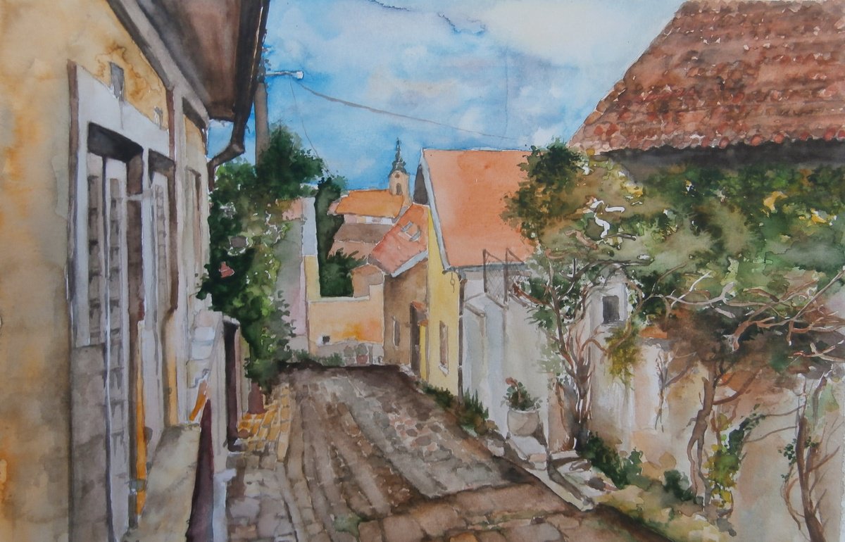 Impressionistic Cityscapes Watercolour By Zoran Mihajlovic Muza, 13 X 9", Street With Cobblestones, Original Artwork
