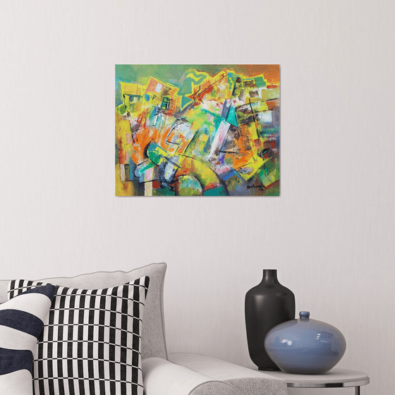 Shining Day, Bright Yellow, Blue Turquoise Luminous Colors Abstract Art On Canvas