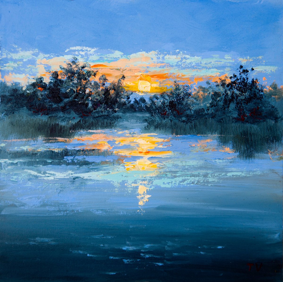 Impressionistic Landscape Oil Painting By Tetiana Vysochynska, 8 X 8", Evening River, Original Artwork