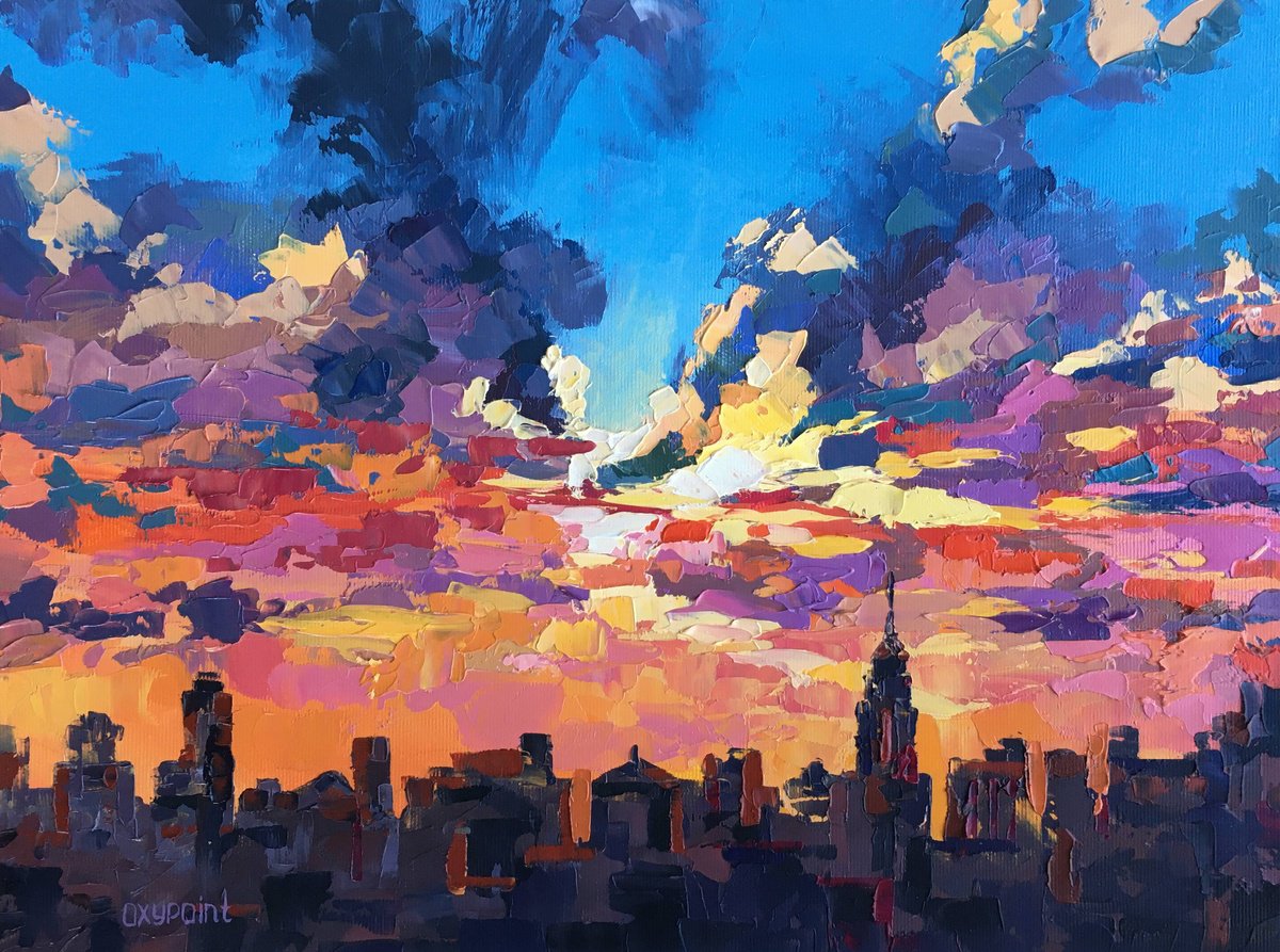 Impressionistic Cityscapes Oil Painting By Oxypoint, 16 X 12", "Sunset In New York", Original Artwork