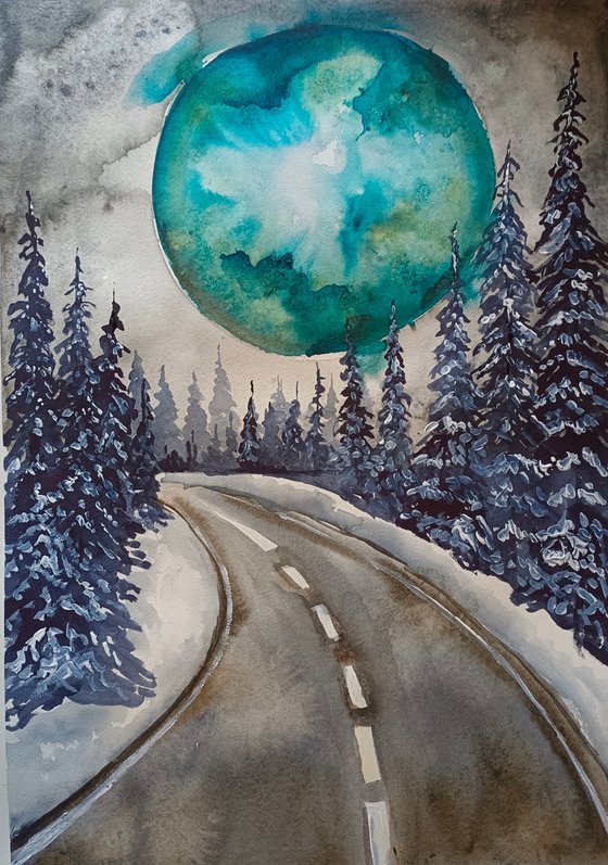 Winter landscape with green moon