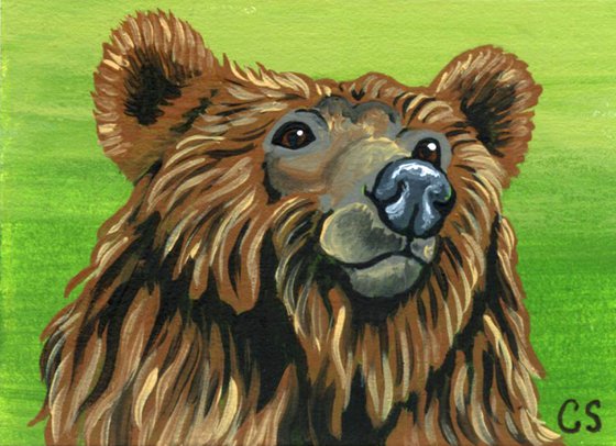 ACEO ATC Original Miniature Painting Brown Bear Wildlife Art-Carla Smale