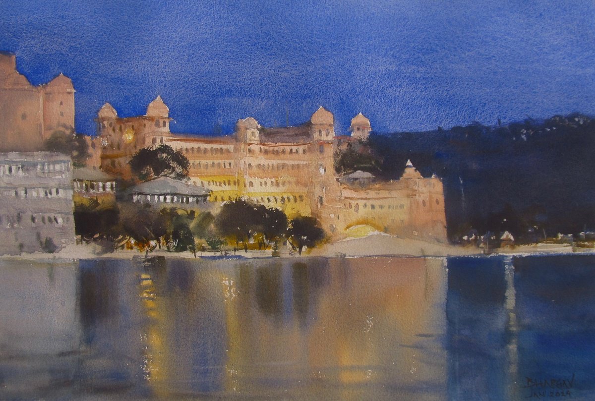Impressionistic Landscape Watercolour By Bhargavkumar Kulkarni, 18 X 12, Royal Nights, Udaipur, Original Artwork