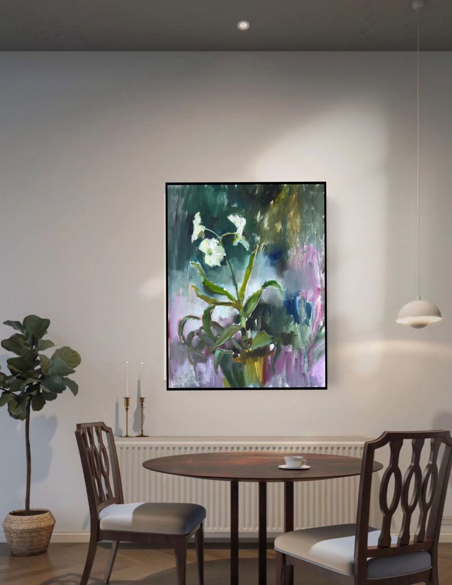 Impressionistic Botanical Oil Painting By Olha Laptieva, 17 X 22", White Flower, Original Artwork